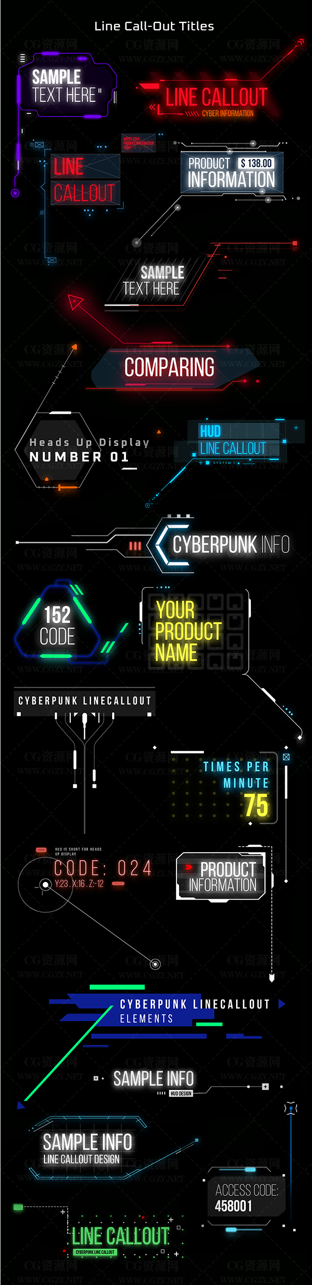 AE脚本|160+赛博朋克科技感HUD文字标题字幕指示线动画 Cyberpunk