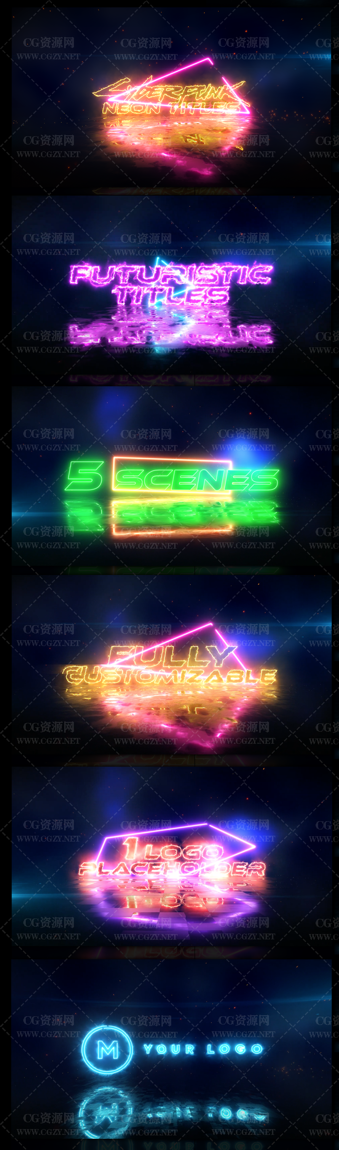AE模板|赛博朋克霓虹灯火花粒子logo开场特效模板-Cyberpunk Neon Titles