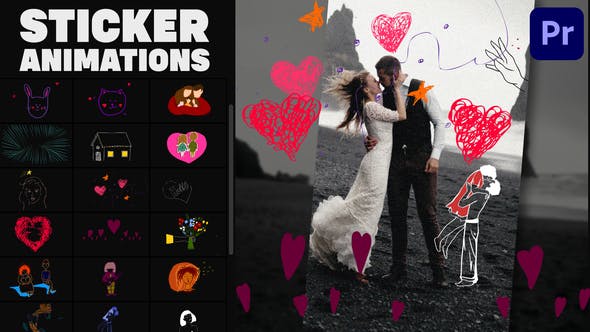 PR模板|25个浪漫爱情手绘贴纸卡通动画模板-Love Lyric Animations 02