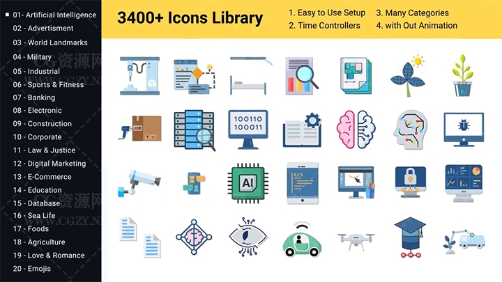 AE模板|3400+常用Icons图标素材动画模板下载-Animated Icons Library