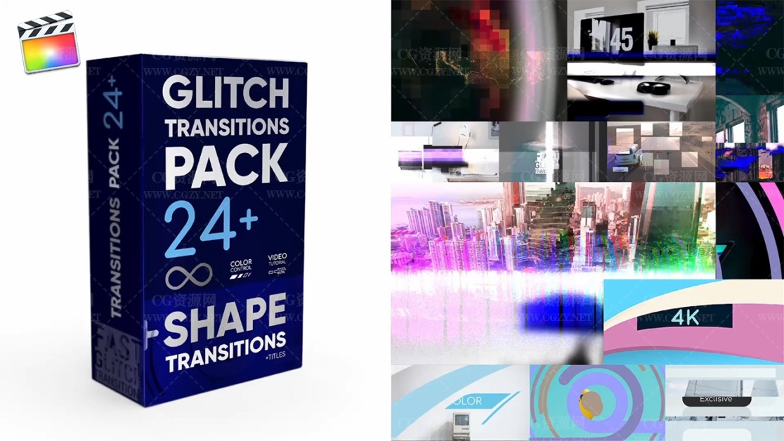 FCPX插件|24个故障干扰毛刺马赛克像素损坏转场效果-Glitch Transitions Pack