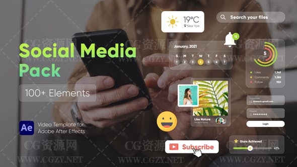 AE模板|100+种网络媒体视频社交网站图形元素动画-Social Media Pack