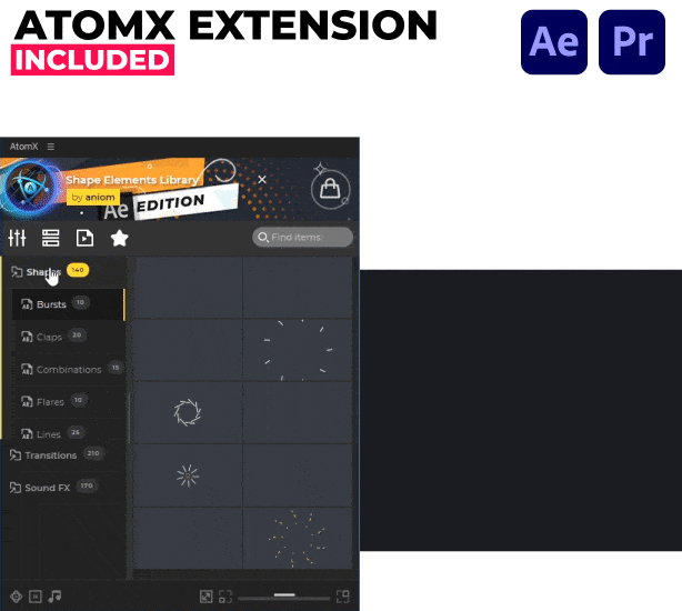 AE/PR脚本预设|520组MG图形元素形状动画转场音效预设包-Shape Elements Library | AtomX