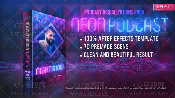 AE模板|10种抖音霓虹灯音乐专辑封面音频可视化音乐模板-Neon Podcast