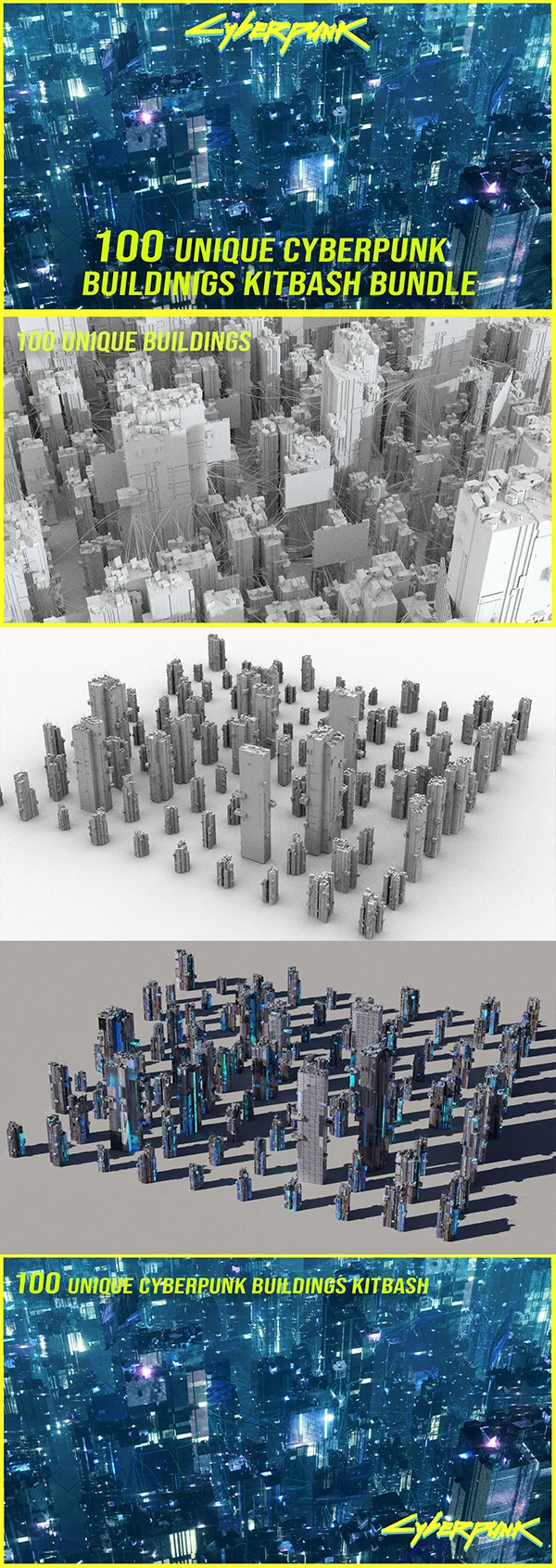 3D模型|100个赛博朋克科幻城市建筑3D模型-Cgtrader – 100 Unique Cyberpunk Sci fi City Buildings 3D Model