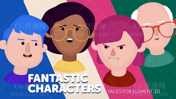 AE模板|E3D三维卡通人物角色面部绑定动画模板-Fantastic Characters – Faces for Element 3D