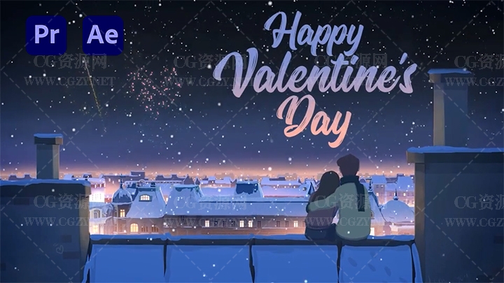 PR/AE模板|二维卡通人物浪漫情人节场景动画片头模板下载-Happy Valentine’s Day Card Animation
