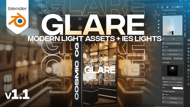 Blender插件|Glare V1.1 现代室内灯具灯光效果插件预设