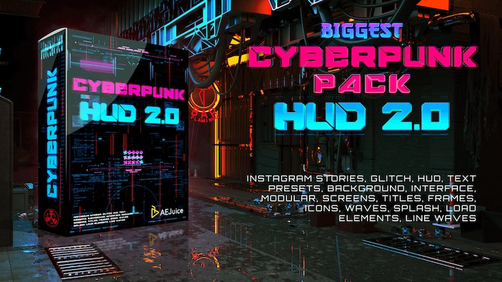 AE/PR模板|科幻HUD赛博朋克霓虹风格动画元素包+视频素材 AEJuice Cyberpunk HUD 2