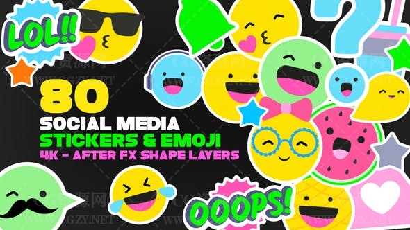 AE模板|80个社交媒体Emoji表情符号贴纸动画 Emoji And Social Media Stickers 4K Pack
