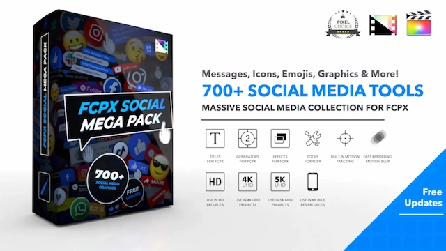 FCPX插件| 700种社交媒体视频点赞订阅转场标题动画制作工具包 Social Mega Pack