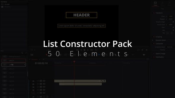 达芬奇模板|50种文字列表字幕标题动画 List Constructor Pack