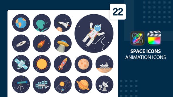 FCPX插件|22个太空宇航员火箭宇宙空间图标动画 支持M1 Space Animation Icons