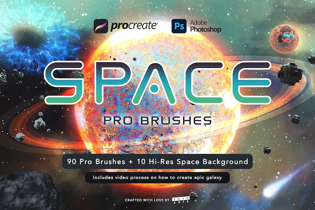 Procreate/PS笔刷|90个高品质太空银河星系行星笔刷素材下载 Space Pro Galaxy Brushes