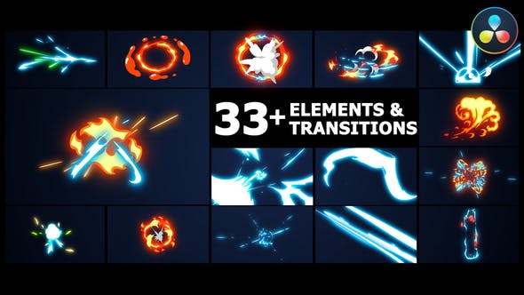 达芬奇模板|33种动漫卡通能量电流火焰转场MG动画 Elements And Transitions