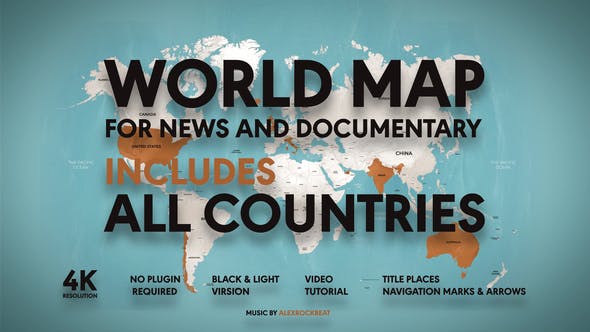 AE模板|4K世界地图旅行导航路径线标题位置标记 World Map – For News and Documentary