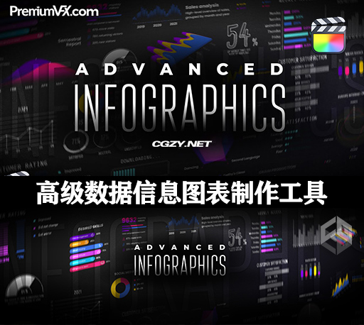 FCPX插件|53种高级企业数据信息统计报告图表饼状图曲线柱状图制作工具 Advanced Infographics
