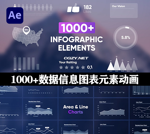 AE脚本-1000+数据信息柱状图饼状图趋势步骤图指示线文字标题动画元素 Infographic Elements-CG资源网