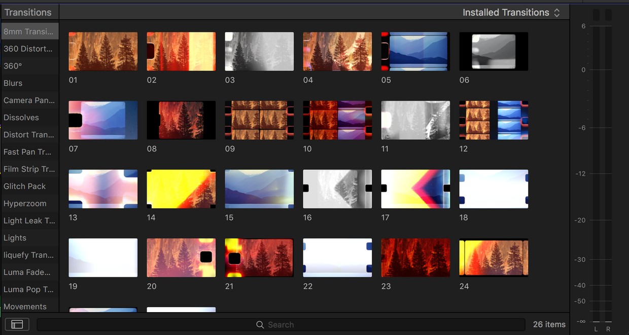 FCPX插件|26组复古老电影8mm胶片灼烧刮痕过渡转场预设 8mm Transition Pack +音效