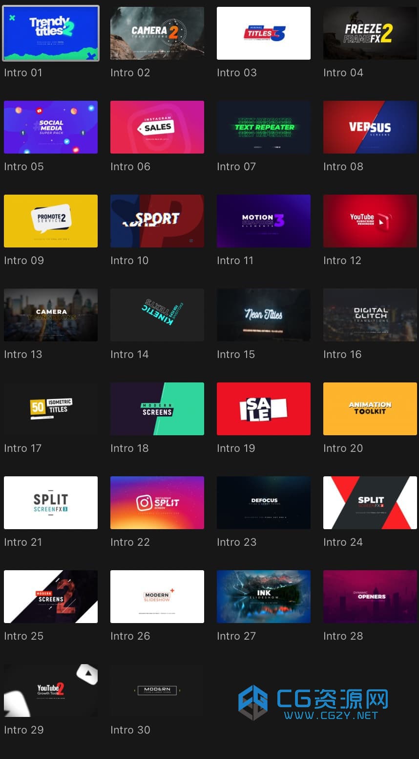 FCPX插件-30种现代时尚设计文字标题排版开场介绍动画 IntrosFCPX插件