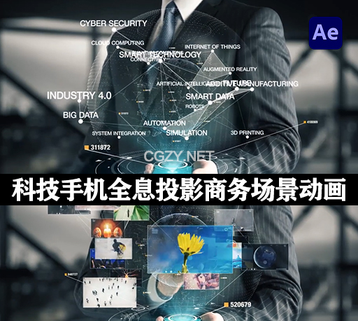 现代高科技手机全息投影商务场景动画AE模板 Businessman with Hologram Phone-CG资源网