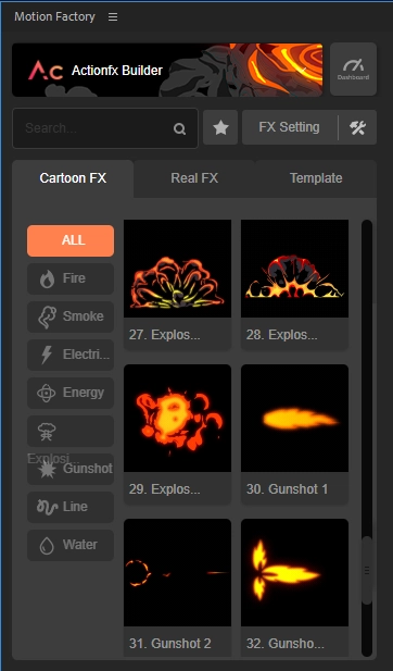 AE脚本|48种卡通动漫火焰水流爆炸烟雾MG动画元素 Motion Factory ActionFX Builder