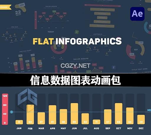AE模板|信息数据图表柱状饼状环形趋势图分析动画 Flat Design Infographics-CG资源网