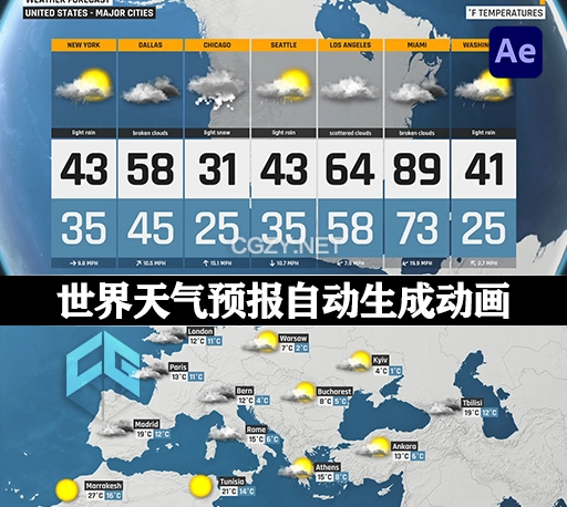 AE模板+脚本|世界天气预报自动生成动画 Automated WEATHER Forecast-CG资源网